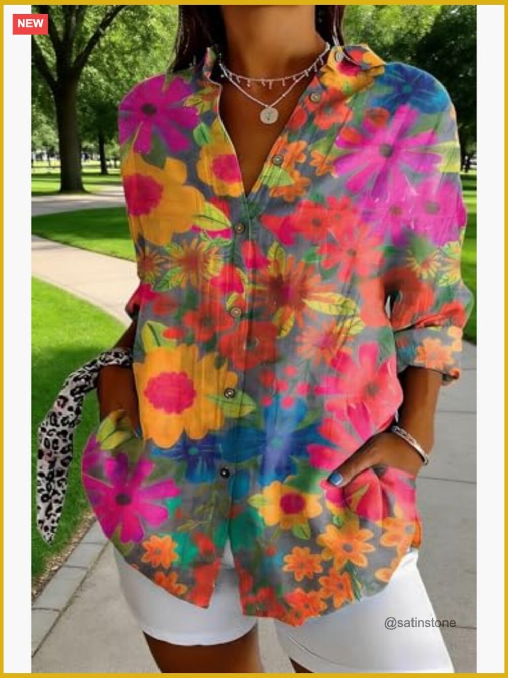 Long Sleeve Button Down Blouse V Neck Floral Dressy Work Shirt - Picture 5 of 6